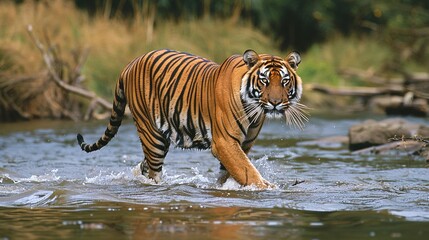 Naklejka premium tiger walking in the river