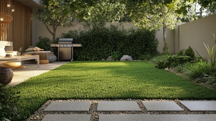 A cozy backyard with a well-manicured lawn and a barbecue setup. The neatly trimmed grass and the inviting outdoor space create a perfect setting for social gatherings.