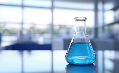 Laboratory flask filled with blue liquid on a reflective table.
