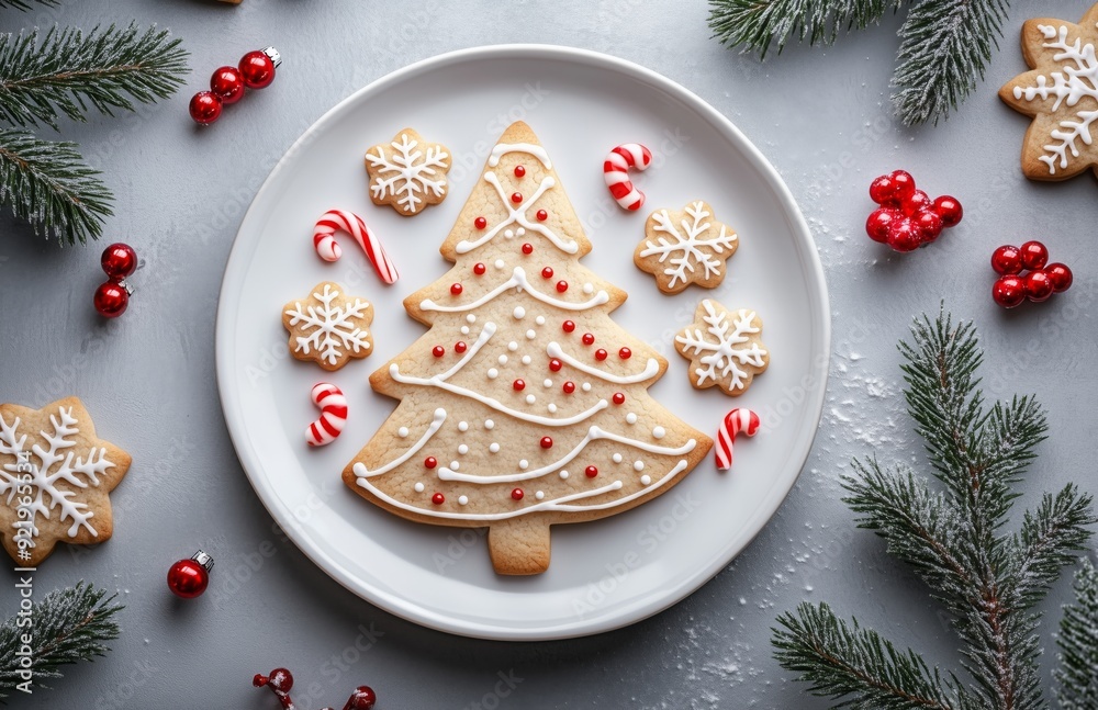 Wall mural christmas cookies arranged on a white plate with festive decorations in the background, ready for sh