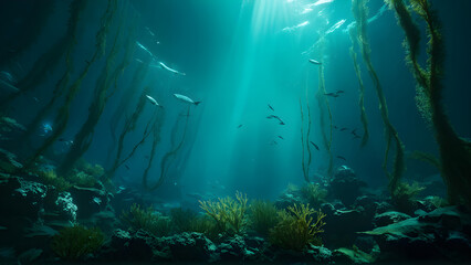 Fototapeta premium Underwater kelp forests softly shine in the dark ocean depths from bioluminescent seaweed threads