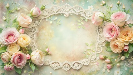 Soft focus, pastel-colored flowers and lace adorn a delicate, ornate frame, evoking a sense of vintage, romantic femininity and elegant, refined beauty.