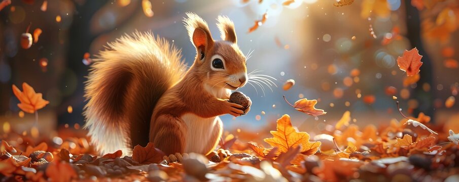 Busy and energetic cartoon squirrel collecting acorns with joy.