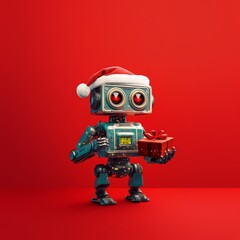 Fototapeta premium a funny little retro robot is holding a Christmas gift wrapped in red paper, he is standing against red background. Season greetings concept
