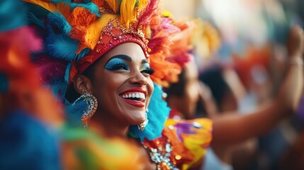 A woman dressed in colorful attire and large feathered headdress is seen celebrating joyfully during a parade, embodying the vibrancy and excitement of the event.