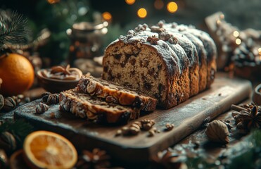 Christmas cake with slices, dried orange slices, and ingredients arranged on a wooden board, amber tones