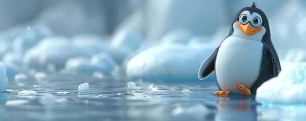 Fototapeta premium Cute cartoon penguin sliding on ice, full of arctic adventure.