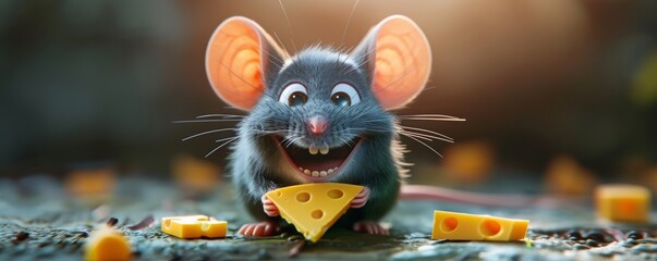 Funny cartoon mouse with cheese and a big smile, small and clever.