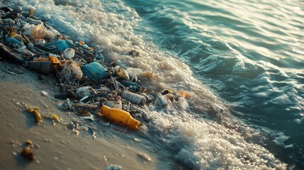 Obraz premium Ocean Pollution with Plastic Waste Washing Ashore on a Sandy Beach at Sunset