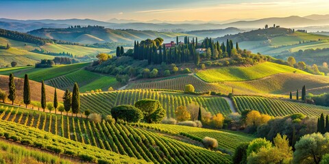 Rolling hills dotted with vineyards and cypress trees near San Gimignano, Tuscany, Italy, Tuscany