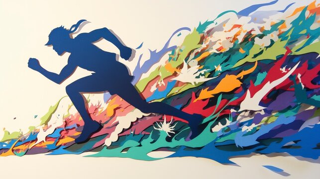 A dynamic silhouette of a runner amidst vibrant, colorful waves, symbolizing motion and energy.
