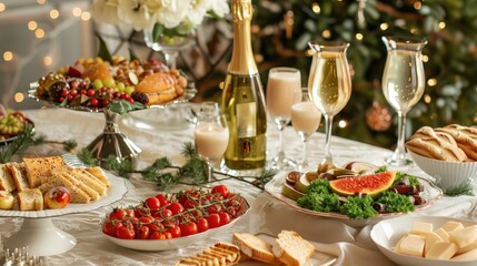 A beautifully set table displays an array of food and drinks for a holiday celebration