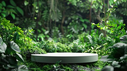 A white platform is surrounded by lush greenery, including moss, leaves, and small light green flowers. Grass 3D podium green background