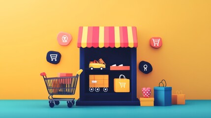 A colorful shop display with a shopping cart and various products for sale.