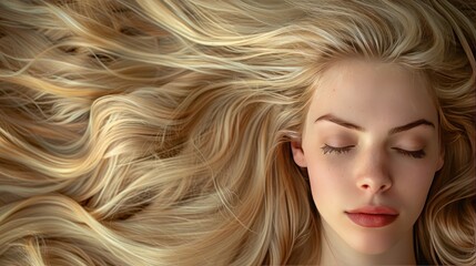 Fototapeta premium A woman with long blonde hair is shown with her eyes closed. Concept of relaxation and tranquility, as the woman is in a peaceful state of mind. The long, flowing hair adds to the overall beauty