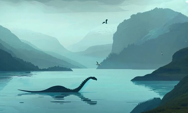 loch ness monster swims in the lake on a foggy day