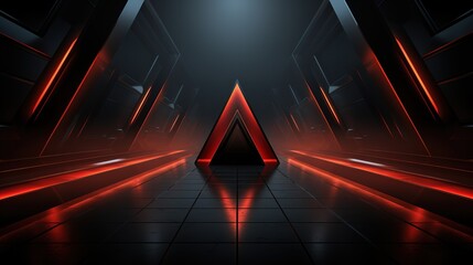 Abstract glowing red neon triangle in futuristic corridor.