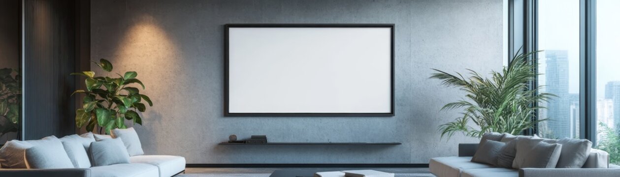 Modern Minimalist Living Room with Large Blank Screen and City View Through Floor-to-Ceiling Windows