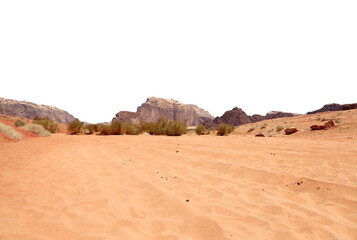 Wadi Rum Desert also known as The Valley of the Moon (carved on white background) -- is a valley cut into the sandstone and granite rock in southern Jordan 60 km to the east of Aqaba