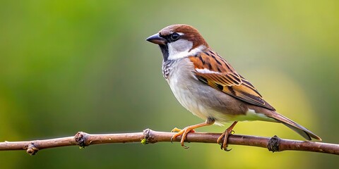Fototapeta premium A sparrow perched gracefully on a delicate branch, sparrow, bird, perched, branch, nature, wildlife, feathers, small, cute