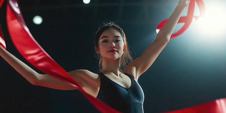 Woman holding red ribbon