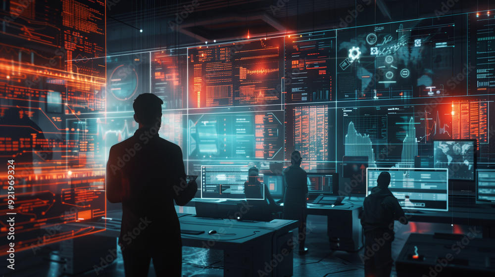 Poster a simulated data breach scenario with visual elements like breach notifications, compromised data al