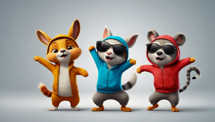 Fototapeta premium Cute animal cartoon characters happily dancing on a white background. AI generated