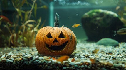 Halloween pumpkin decoration in an aquarium filled with fish