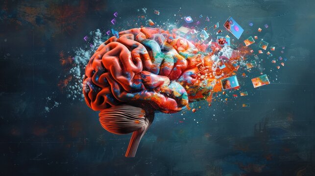 A young human brain is bombarded with overwhelming information, too much media, too much information, maximalism, news, and social
