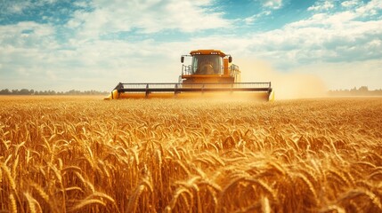Fototapeta premium Modern Combine Harvester Working in a Golden Wheat Field Under a Blue Sky with Clouds