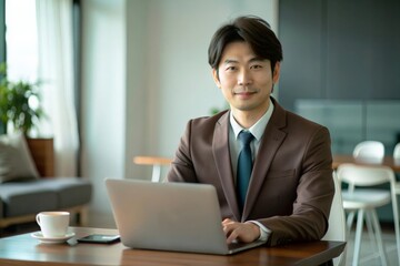 Fototapeta premium モダンな家具と明るく風通しの良い雰囲気が特徴のオープンコンセプトのオフィスで働く日本人ビジネスマン。