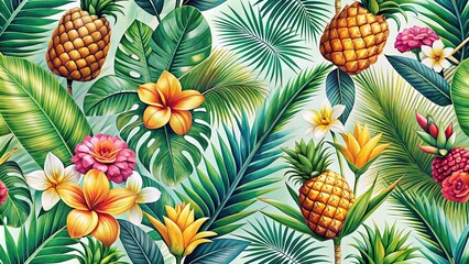 Fototapeta premium Tropical pattern with palm leaves, pineapples, and exotic flowers, tropical, palm leaves, pineapples