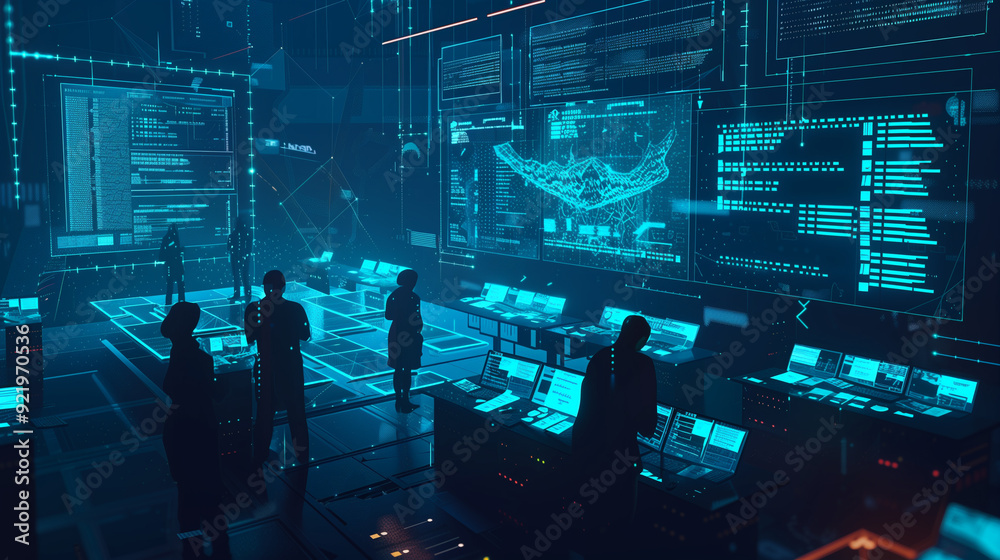 Poster a simulated data breach scenario with visual elements like breach notifications, compromised data al