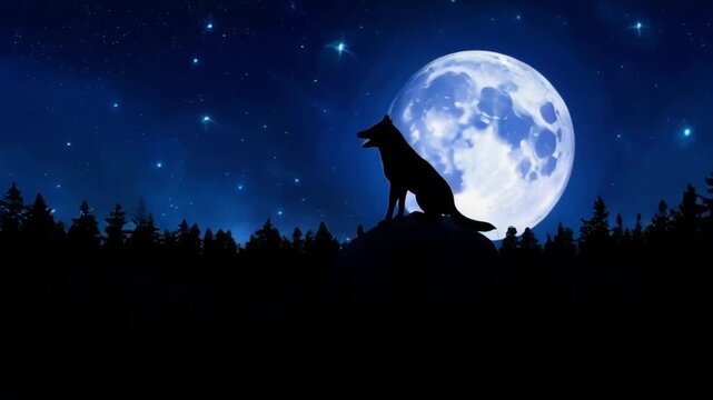 Enchanting Wolf Howls Beneath Full Moon in Mystical Forest Nightscape