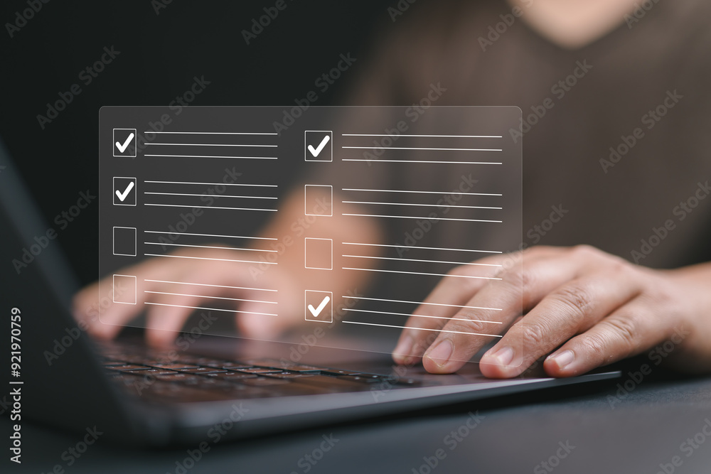 Aufkleber questionnaire with checkboxes, filling survey form online, answer questions of test.