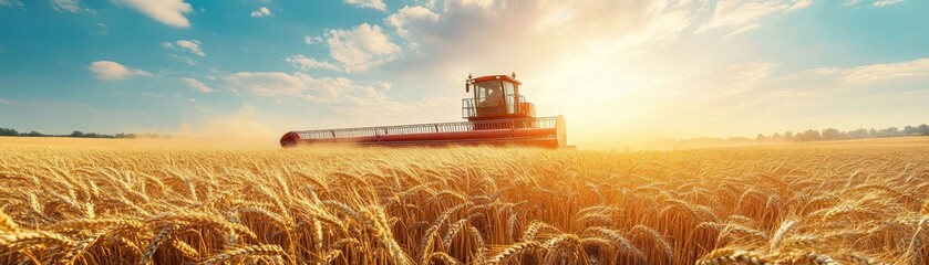 Obraz premium Golden Wheat Field with Combine Harvester at Sunset - Agricultural Machinery in Action