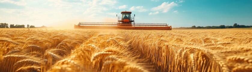 Fototapeta premium Golden Wheat Field with Combine Harvester Under a Clear Blue Sky During Harvest Season
