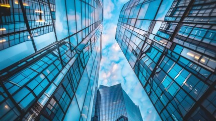 Obraz premium Glass skyscrapers tower into a bright blue sky reflecting clouds in a modern downtown business district.