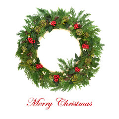 Merry Christmas cedar fir, winter holly berry, mistletoe, ivy leaf green wreath on white wooden...
