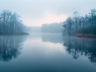 Fototapeta premium Misty morning over a tranquil lake surrounded by bare trees