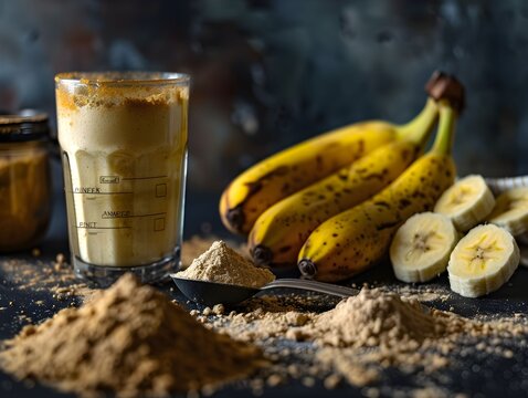 Banana smoothie preparation with spices on a kitchen counter