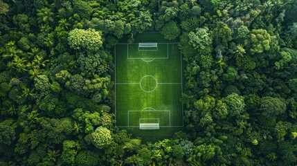 Aerial view of an outdoor soccer field nestled in the heart of lush green forest, surrounded by dense trees and nature's beauty