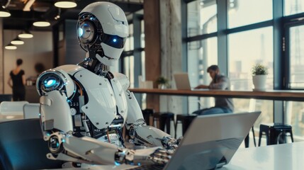 Fototapeta premium AI cyborg android robot working with laptop in office and teaching human people working with laptop.