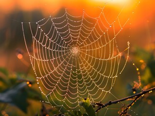 Naklejka premium Morning dew glistens on a spider web at sunrise in a natural landscape