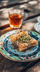 Fototapeta premium Traditional turkish dessert baklava with cashew, walnuts. Homemade baklava with nuts and honey. AI generated illustration