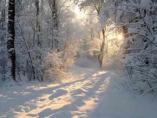 Snow-covered trail through a winter forest at sunrise