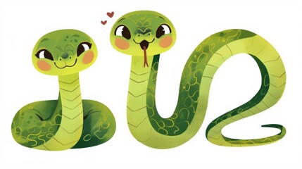 Fototapeta premium A cute illustration of two friendly green snakes with expressive faces.