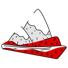flat vector illustration of a piece of Canadian landscape with mountain peaks, a river flowing through a valley, and a field painted in red and white with black outline. Elements of Canada. Canada Day