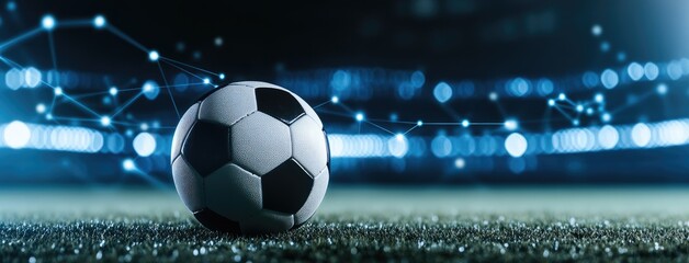 Naklejka premium A dynamic soccer ball resting on lush grass under a bright sky, capturing the essence of competition and technological innovation