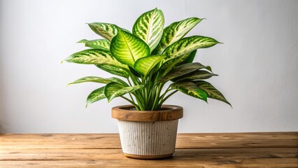 Obraz premium Vibrant green dumb cane plant with variegated leaves and stems growing in a decorative plant pot on a wooden table against a white background.